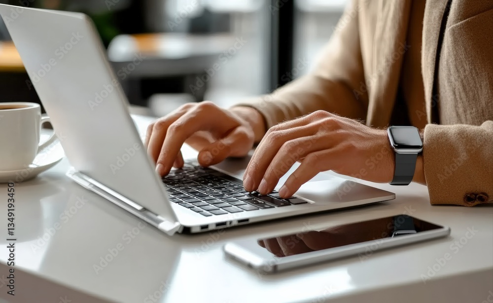 Businessman working on laptop with coffee and smartphone nearby Businessman working on laptop with coffee and smartphone nearby