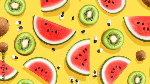 Vibrant Flat Lay Composition of Fresh Watermelon, Sliced Kiwi, and Coconut Against a Bright Yellow Background for Summer and Tropical Themes
