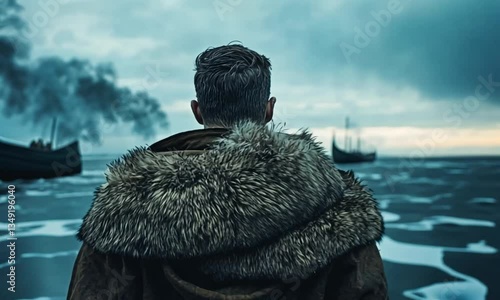 A viking warrior in a fur-lined coat observes his longboats on the sea under a cloudy sky.