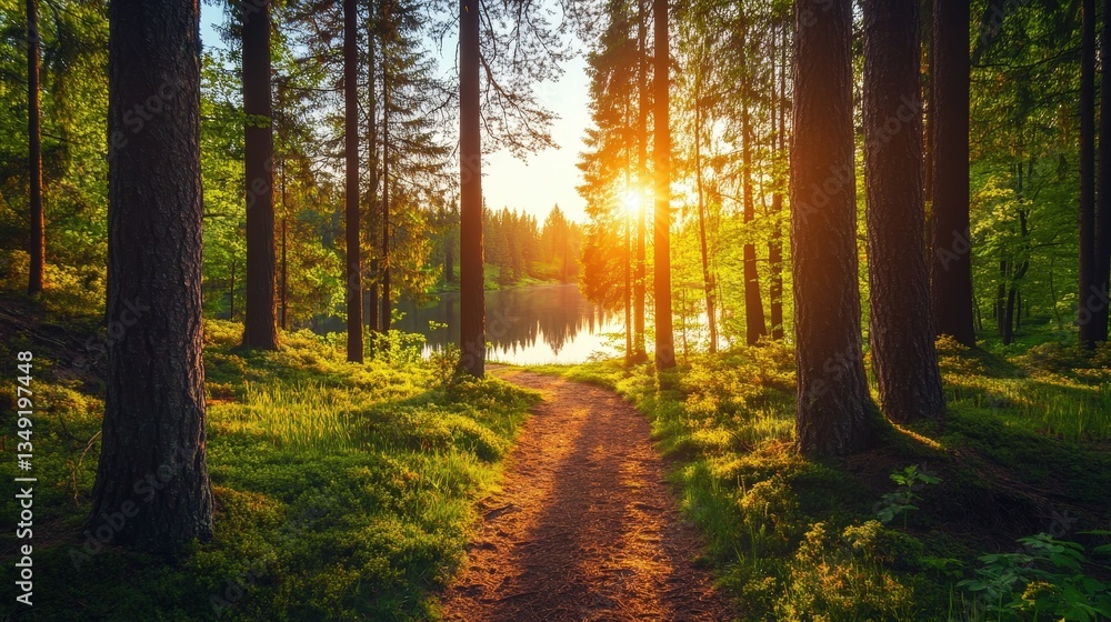 Fototapeta premium A serene forest path illuminated by sunset, leading to a tranquil lake surrounded by tall trees and lush greenery.