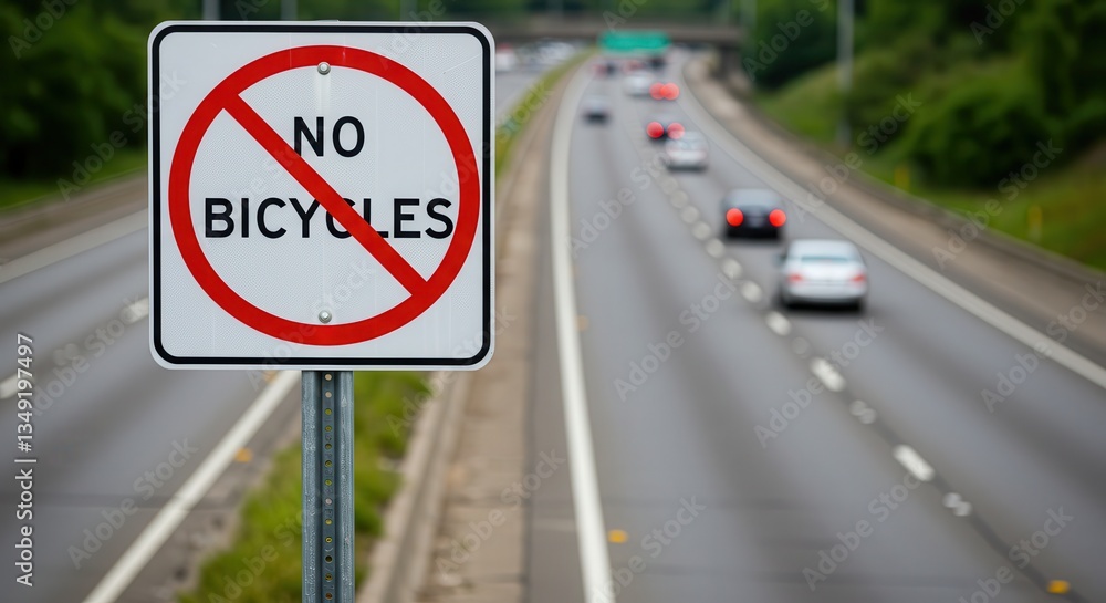 No Bicycles Sign on Highway Roadside with Cars Driving No Bicycles Sign on Highway Roadside with Cars Driving