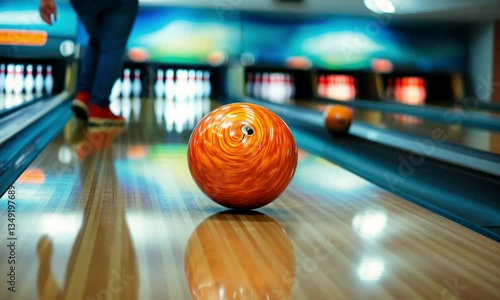 A vibrant orange bowling ball rolls towards the pins with a blurred player in action.