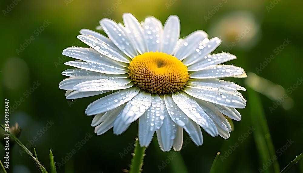 Fototapeta premium Close-up Daisy with Water Droplets Glistening in Sunlight on Green Background