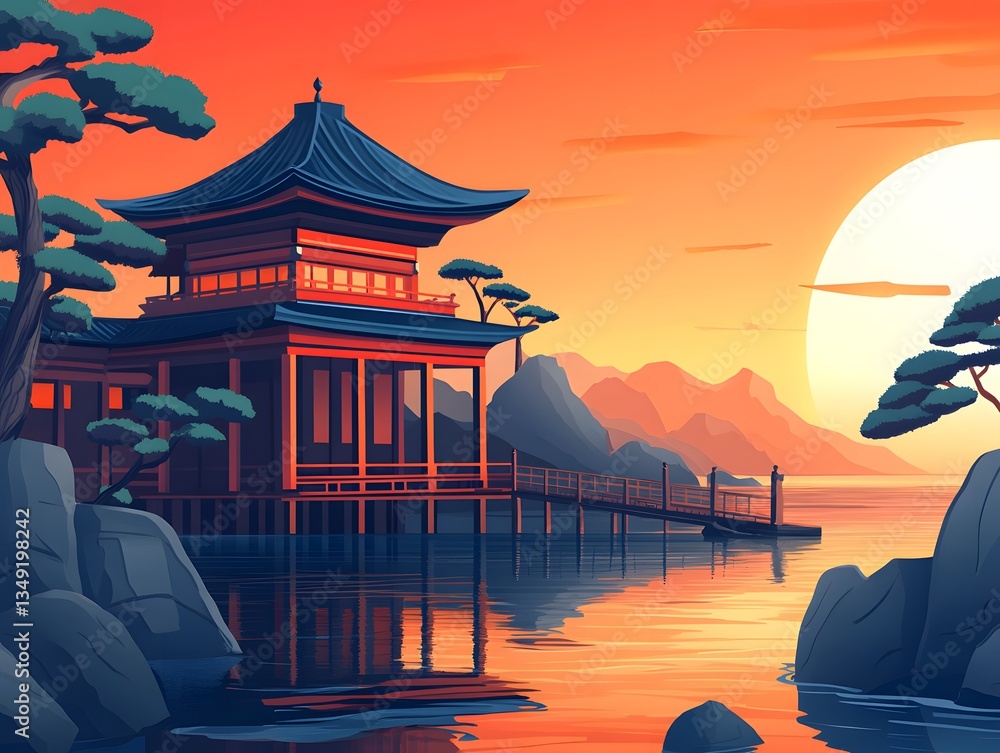 Obraz premium Serene Sunset at Asian Temple Lakeside - Peaceful Water Reflection
