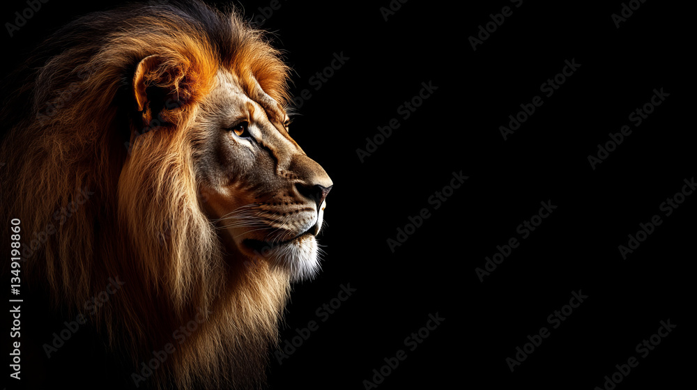 Naklejka premium Majestic lion portrait with dramatic lighting on black background, powerful male lion with thick mane, wildlife photography, African safari theme, strength and leadership concept