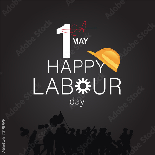 Labour Day 1st May Illustration – Bold Typography with Construction Helmet and Gear Icon, Workers' Rights and Appreciation Theme, Perfect for Posters, Banners, and Greetings