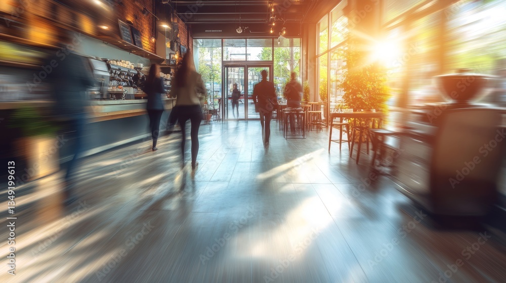 Fototapeta premium Lively Coffee Shop Ambiance, Motion Blur of People, Hints of Green Plants, Modern Minimalist Design