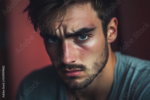 A brooding young man with intense eyes and a serious expression, captured in dramatic low light with deep shadows and a textured background. photo