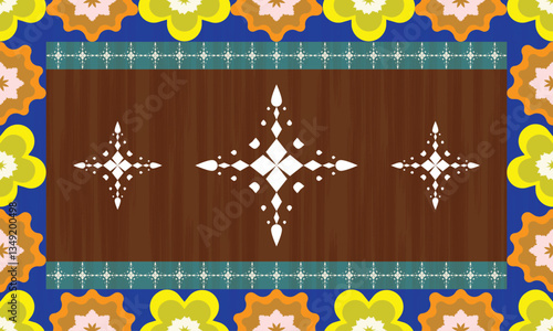 The blue border carpet pattern are beautiful flowers in a row and in the middle of the brown there pattern arranged   in an orderly manner. Fabric patterns, vectors, background