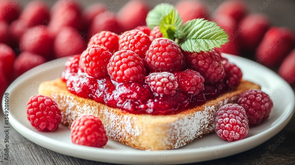 French toast with raspberry jam and fresh raspberries garnished with mint French toast with raspberry jam and fresh raspberries garnished with mint