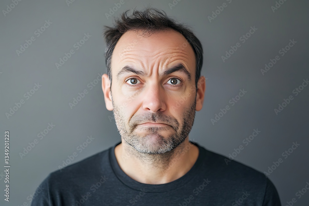 A man's pensive expression, conveying thoughtful contemplation and quiet introspection against a muted gray backdrop. A man's pensive expression, conveying thoughtful contemplation and quiet introspection against a muted gray backdrop.