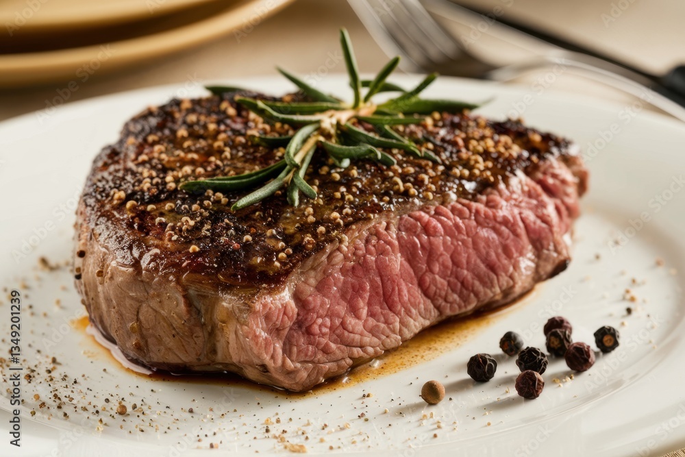 Juicy steak topped with herbs and spices served on a white plate in an elegant dining setting Juicy steak topped with herbs and spices served on a white plate in an elegant dining setting