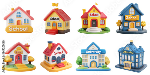 School model transparent collection in png no background for plasticine building decoration.