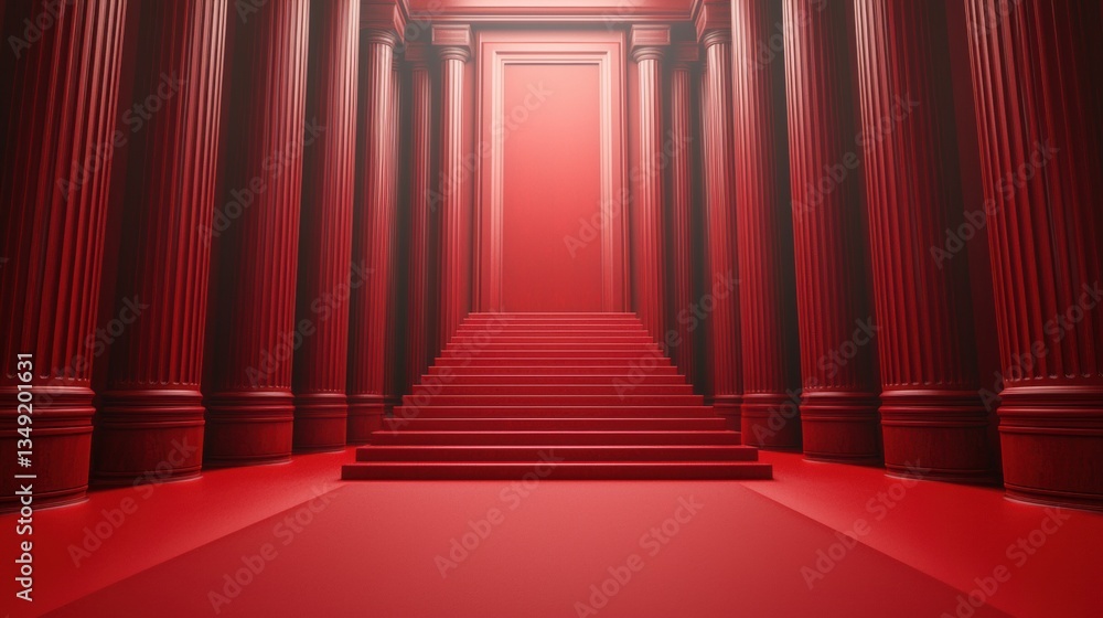 Fototapeta premium Red corridor leading to a doorway with steps.