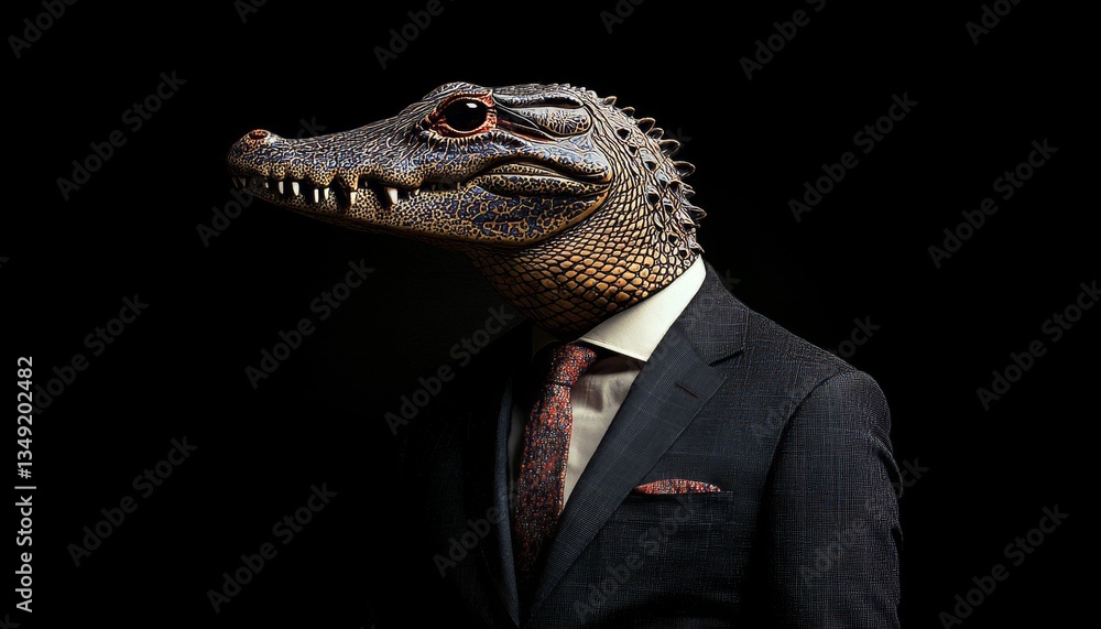 Crocodile in Business Suit, Anthropomorphic Reptile Portrait Isolated on Black Background Crocodile in Business Suit, Anthropomorphic Reptile Portrait Isolated on Black Background