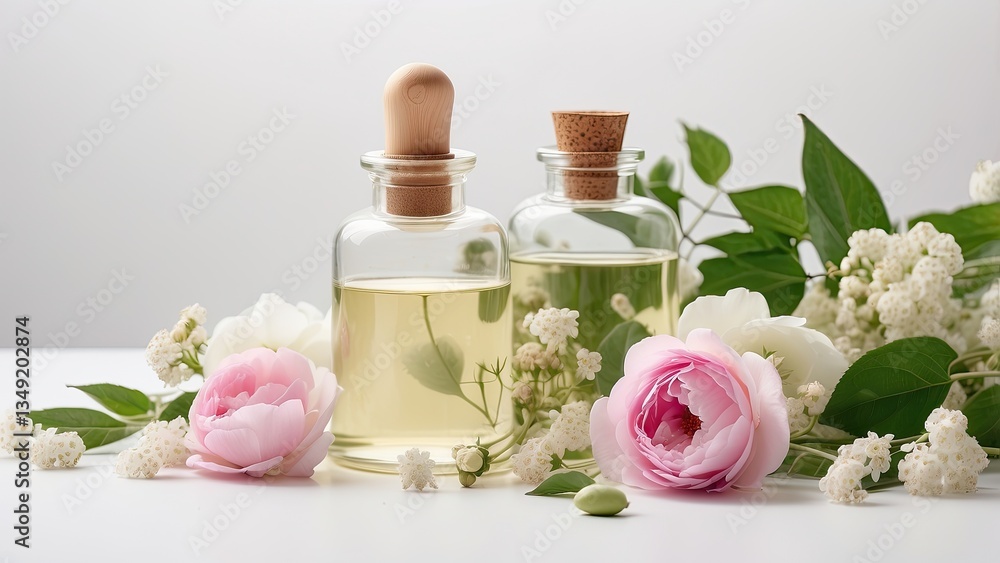 A flat lay composition featuring a variety of skincare products, A flat lay composition featuring a variety of skincare products,