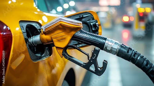Yellow car refueling at gas station, fueling up for the road trip