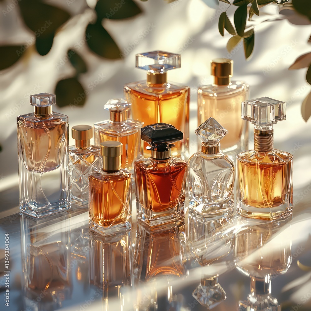 Variety of elegant perfume bottles on reflective surface. Variety of elegant perfume bottles on reflective surface.