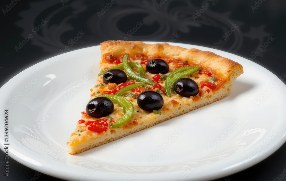Pizza Slice with Green Peppers and Olives on a White Plate Pizza Slice with Green Peppers and Olives on a White Plate