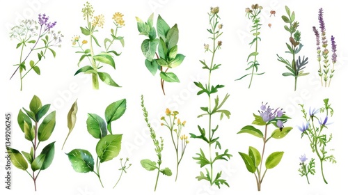 Charming Hand - Drawn Vector Watercolor Set: Herbs, Wildflowers, and Spices for a Rustic Touch