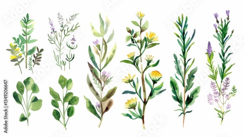Charming Hand - Drawn Vector Watercolor Set: Herbs, Wildflowers, and Spices for a Rustic Touch