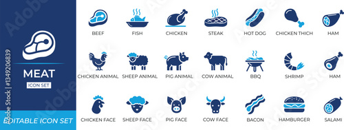 Meat icon set featuring beef, and cuts for food apps, flames, serve, feast, carnivore, e-commerce, rib, bone, isolated, face, and culinary design projects.