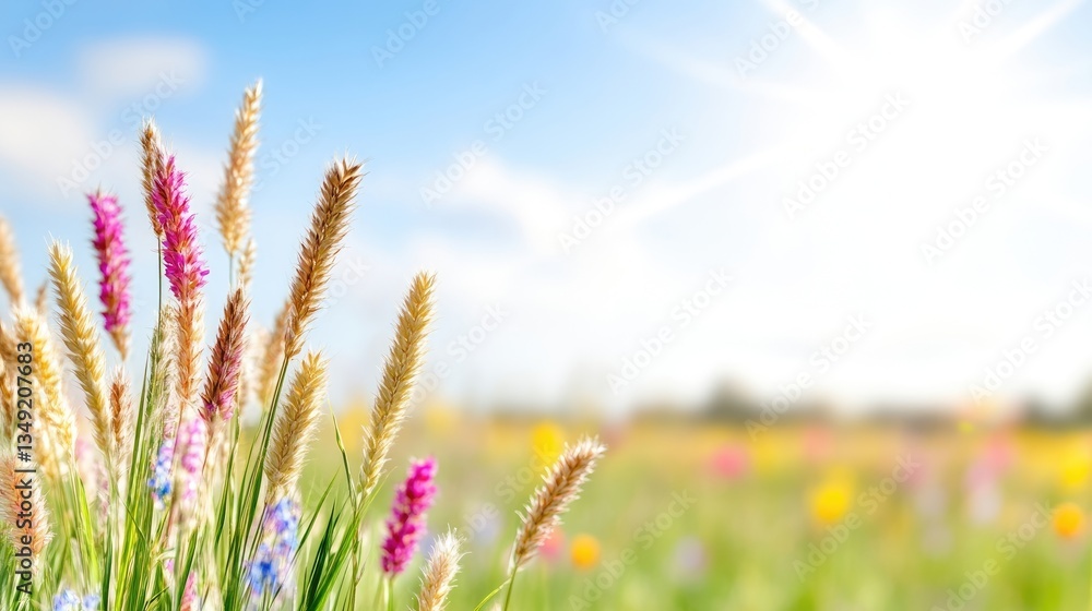 Obraz premium Vibrant wildflowers in a sunny meadow. A close-up view of colorful blossoms and grasses, bathed in sunlight, against a backdrop of a field bursting with various hues of flowers