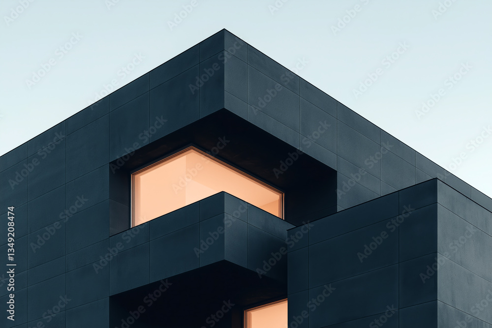 Corner view of dark modern building with reflective windows, minimal geometric architecture and clean design lines
