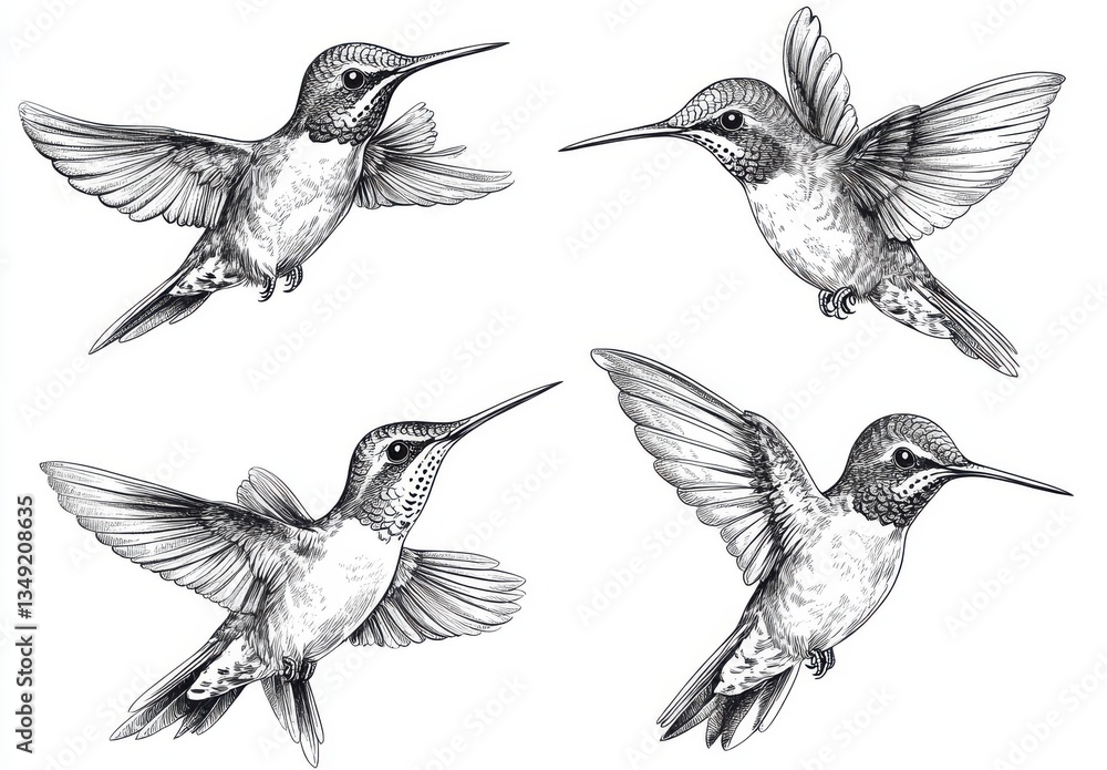 Obraz premium Four Monochrome Hummingbirds in Flight Pointillist Wildlife Illustration