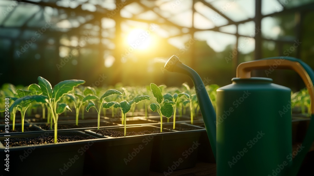 Lush green seedling thriving in a greenhouse, illuminated by warm sunlight, with a watering can nearby Lush green seedling thriving in a greenhouse, illuminated by warm sunlight, with a watering can nearby