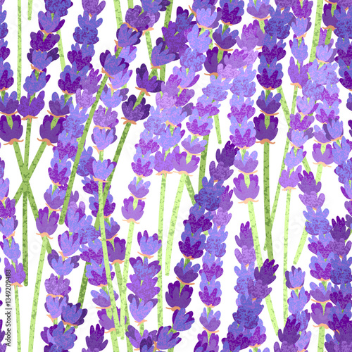 Vector Seamless Background with Colorful Textured Illustrations of Lavender Flowers on White Background