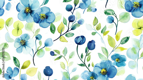 Watercolor meadow wildflowers floral pattern, in a blue and green color palette, on a white background.