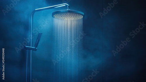 Modern shower head with cascading water stream illuminated by soft blue light in a serene bathroom setting