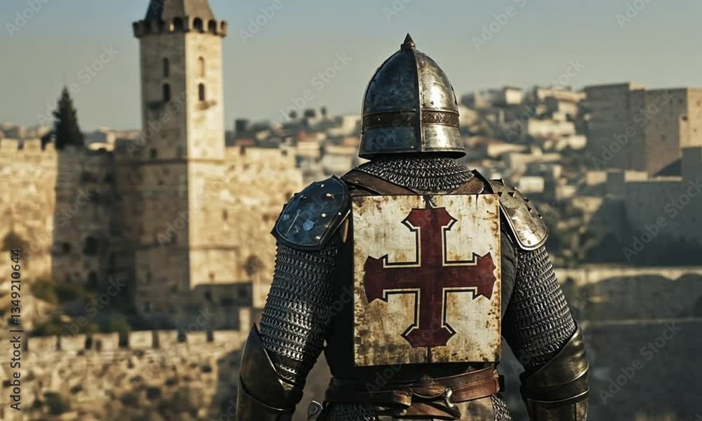 A lone knight Templar, clad in full armor, surveys a medieval city wall in anticipation. A lone knight Templar, clad in full armor, surveys a medieval city wall in anticipation.