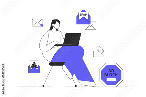 Spam protection, stop spam attack. Blocking unwanted advertising mailings. Website Adblock software, antivirus application. Flat Cartoon Vector Illustration, icon. Stylish abstract design web