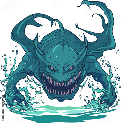 Fierce mythical sea creature illustration emerging from ocean waves, detailed fantasy marine monster, aquatic beast design for gaming, cartoons, posters, prints, and merchandise.