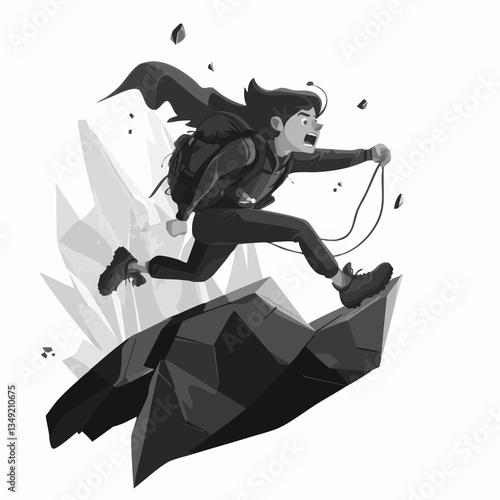 Energetic young hiker with backpack jumping over a rock for adventure, dynamic movements, monochrome illustration, perfect for outdoor themes, sports banners, adventure posters
