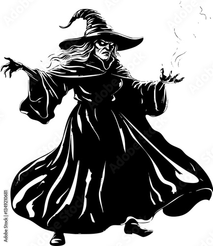 Mysterious sorceress in flowing cloak, casting spells, dark wizard illustration for fantasy themes, posters, book covers, and mystical designs.