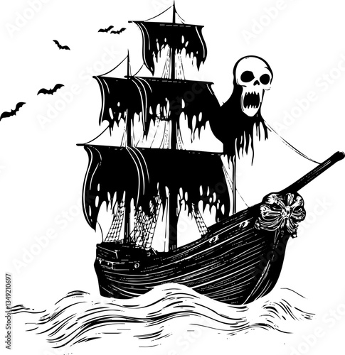 Haunted pirate ship illustration featuring a ghostly skull, eerie sails, and spooky bats for Halloween decorations, party invitations, or themed events.
