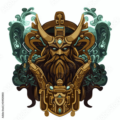 Viking warrior illustration with ornate horns and flowing beard, mythical Norse character design, fantasy art for games, merchandise, posters, print, and decoration.