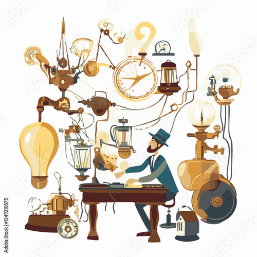 Steampunk inventor working at his desk with various light bulbs, gears, and clocks in vintage design. Retro machinery, lamp collection, mechanical tools, and whimsical gadgets for decoration