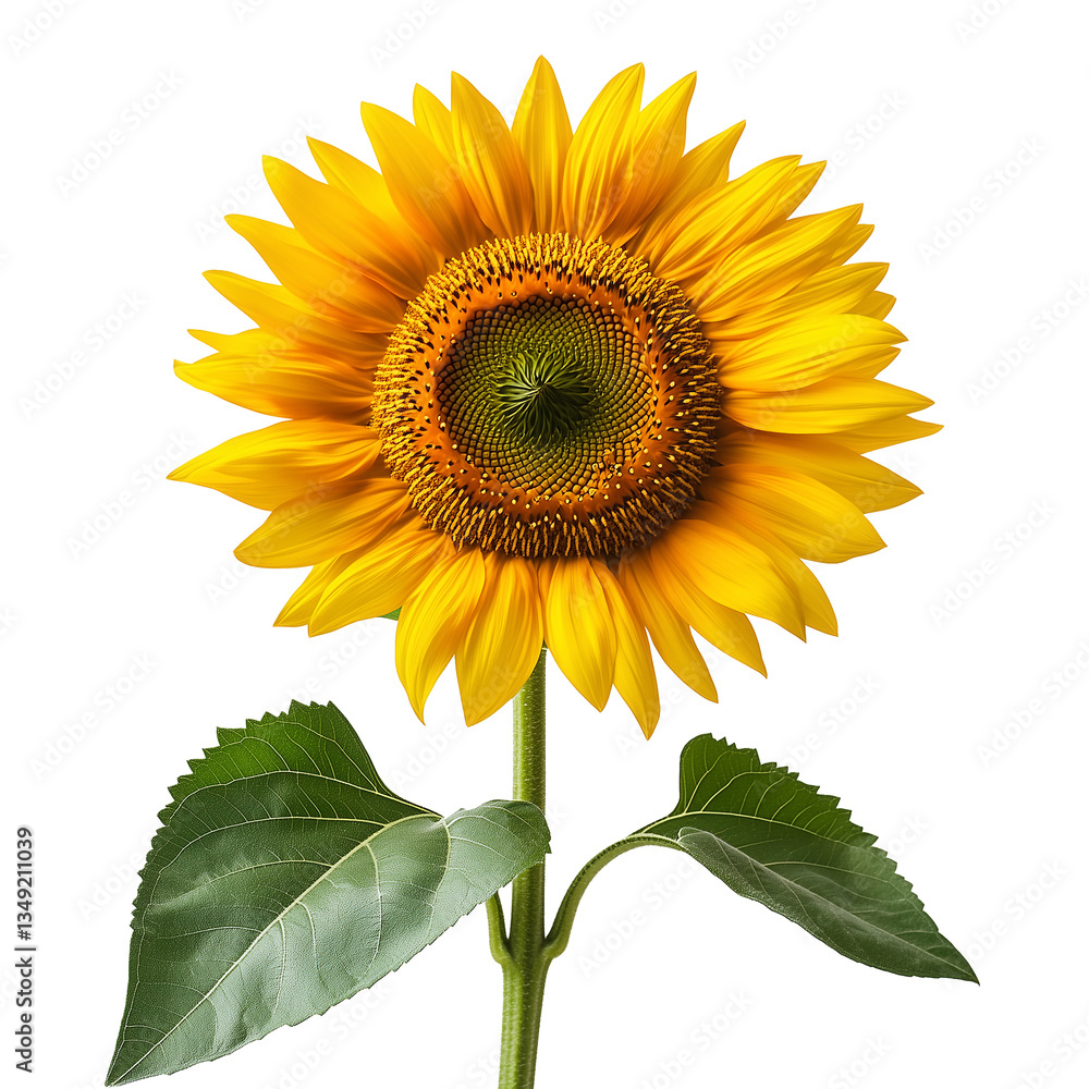 Obraz premium A beautifully detailed sunflower illustration with vibrant yellow petals and green leaves. Perfect for floral designs, nature themes, and botanical art | transparent png