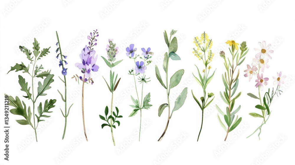 Fototapeta premium Charming Hand - Drawn Vector Watercolor Set: Herbs, Wildflowers, and Spices for a Rustic Touch
