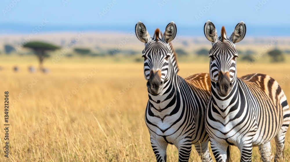 Fototapeta premium Zebras standing on african savanna wildlife safari in golden grassland