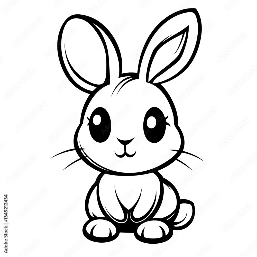 Black and white vector icon of a happy cartoon bunny with large eyes, symbolizing cuteness, pets, and adorable animals. Black and white vector icon of a happy cartoon bunny with large eyes, symbolizing cuteness, pets, and adorable animals.
