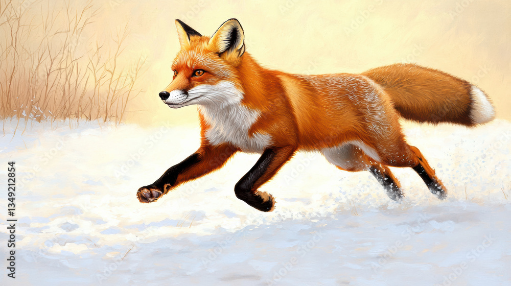 Fototapeta premium A vibrant fox runs gracefully through a snowy landscape, showcasing its striking orange fur and alert expression.