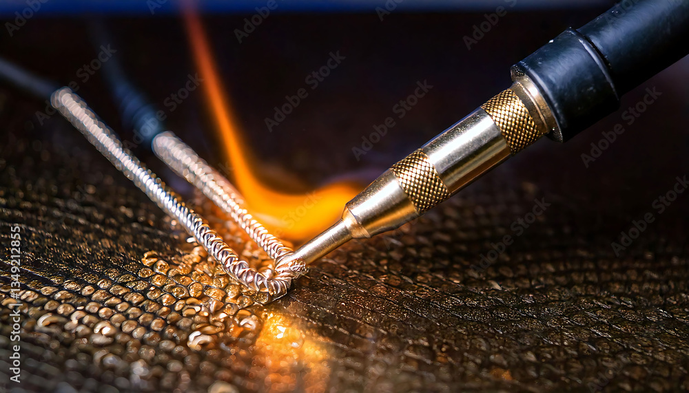 Naklejka premium Close-up shot of a soldering iron applying heat to a metallic surface with a textured, scaled pattern.