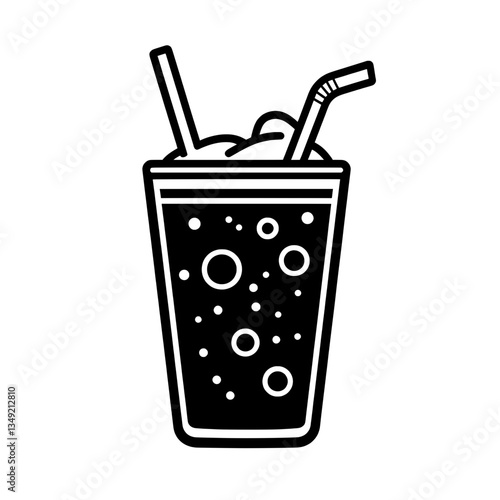 Black and white soda cup with straw icon, representing beverages, fast food, soft drinks, and takeaway refreshments.