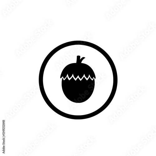 Simple black and white acorn nut icon enclosed in a circular frame, symbolizing forest seeds, nature, and woodland elements.