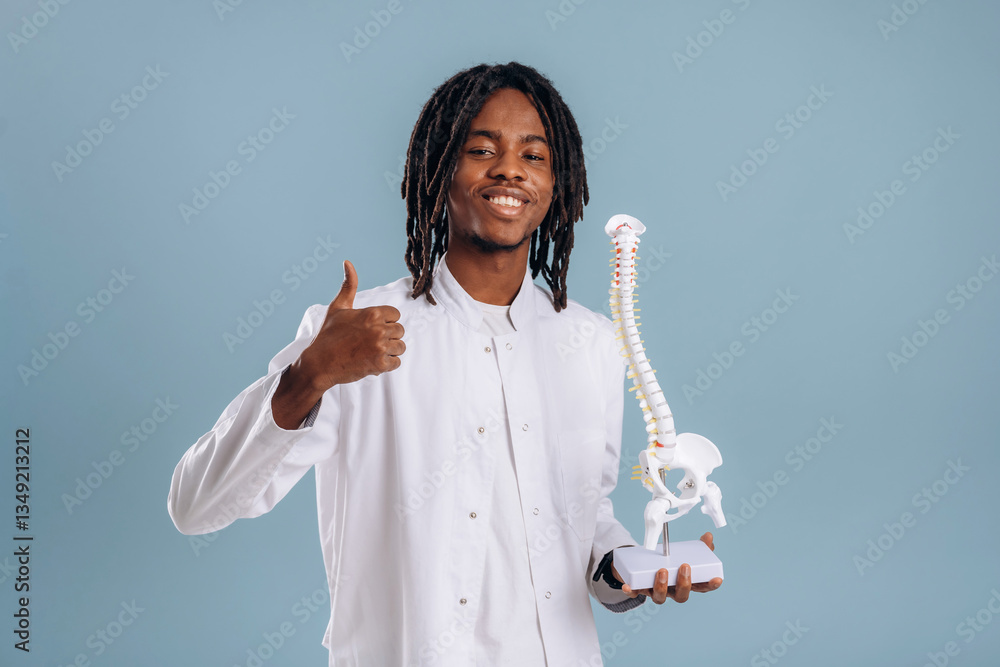 Education concept, human spine model. Black man is in the studio against soft background Education concept, human spine model. Black man is in the studio against soft background